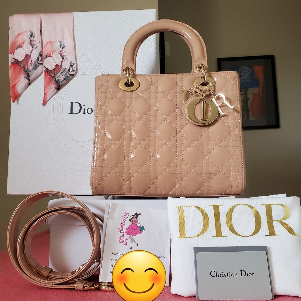 Lady Dior blush pink patent gold hard ware medium bag Nude